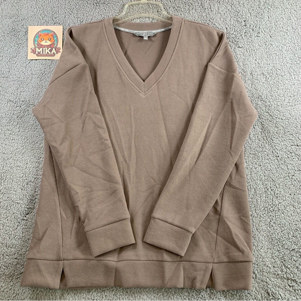 Marc New York Andrew Mark Women's Long Sleeve Ribbed V Neck‎ Top Taupe Size XL